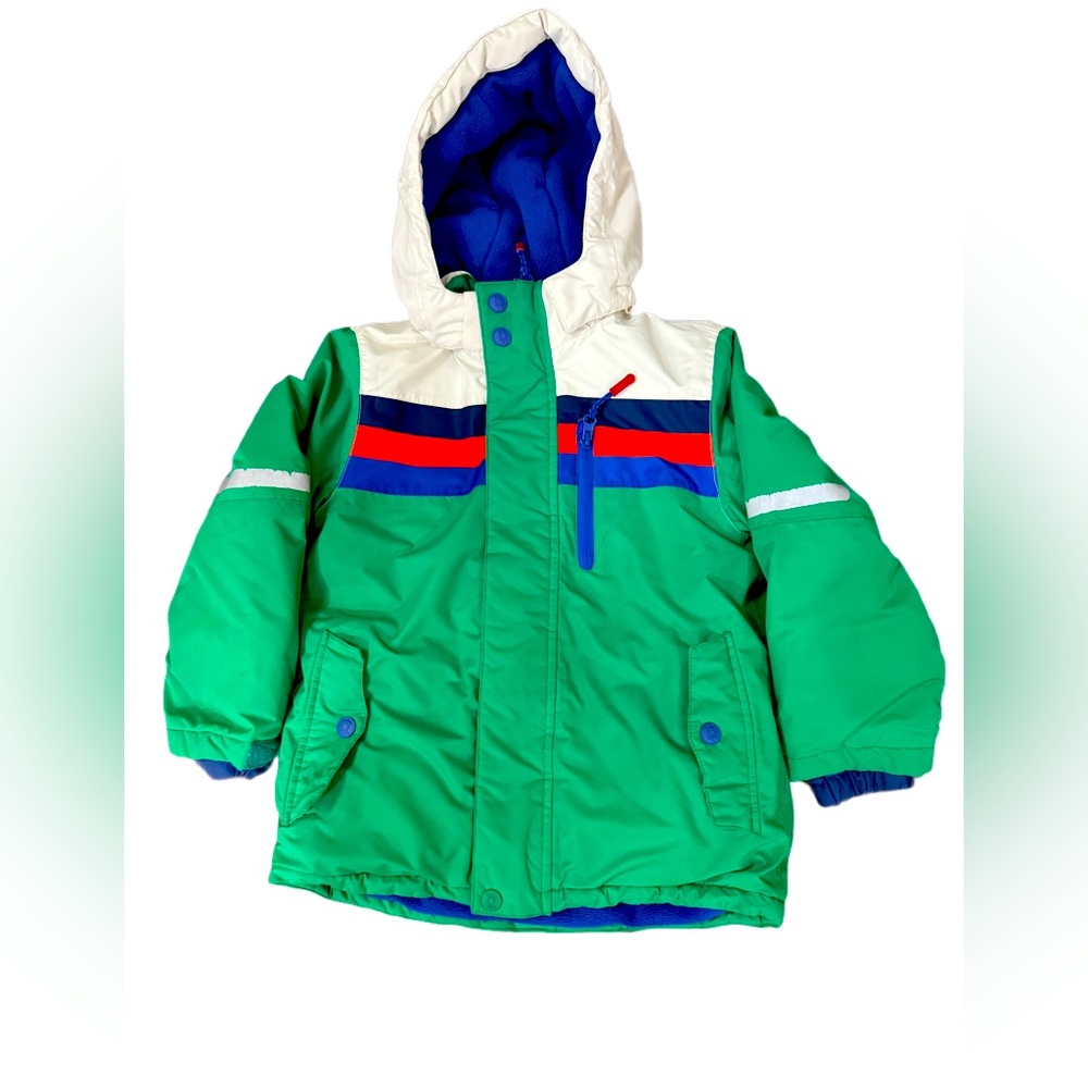Mini Boden Fleece Lined Green Jacket w/ Hood Insulation Waterproof 5-6 Years old